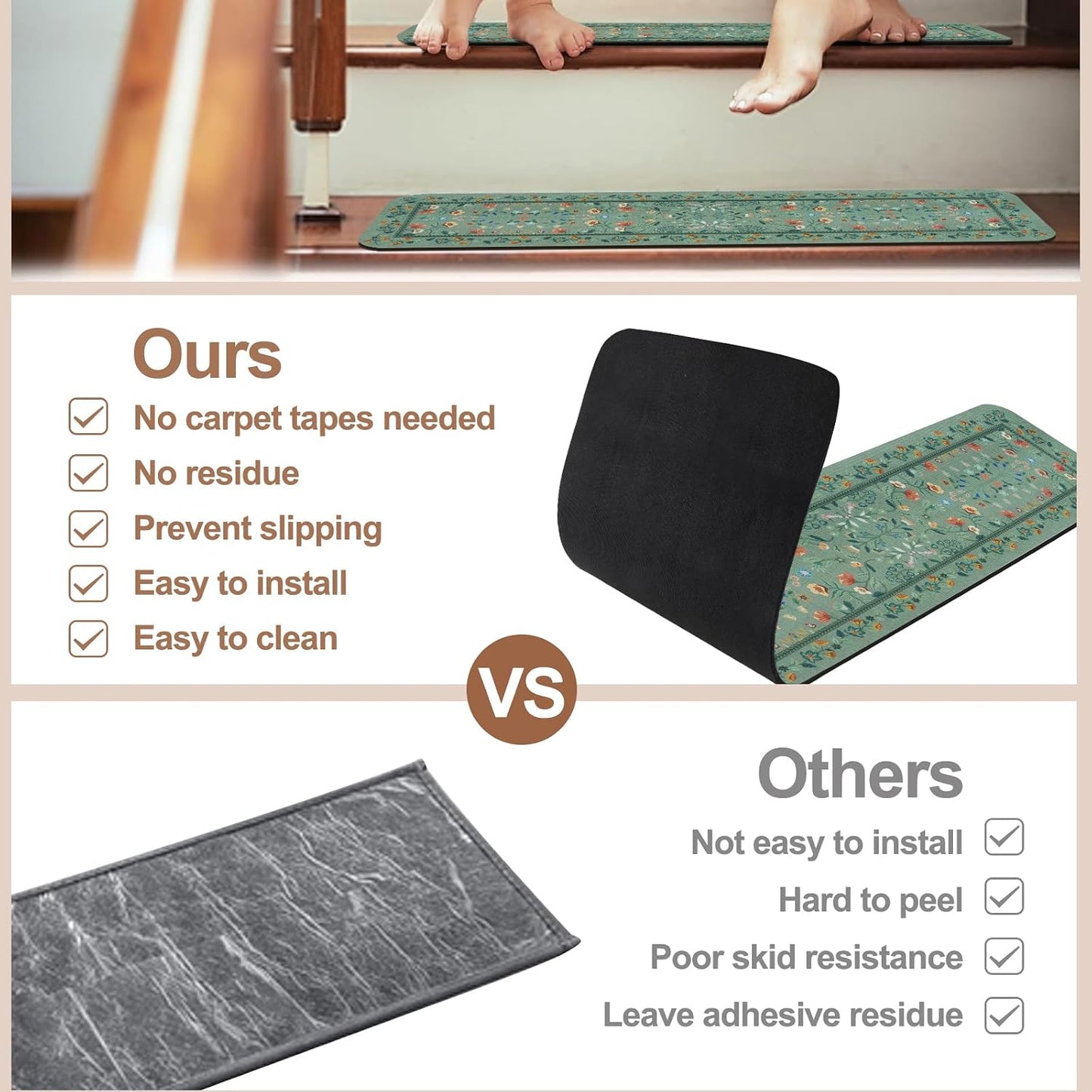 OJIA Floral Stair Treads Non-Slip Carpet Stair Treads for Wooden Steps Indoor 15PCS 30"x8" Stair Runner Stair Mats Staircase Step Treads for Kids, Elders and Dogs, Stair Covers, Black