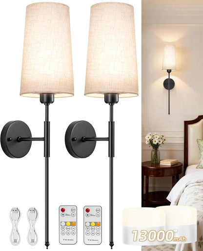 Battery Operated Wall Sconce Set of 2, 13000mAh Rechargeable Battery Powered Sconces with Remote Dimmable Fabric Shade Wireless Sconces Fixture for Bedroom Living Room