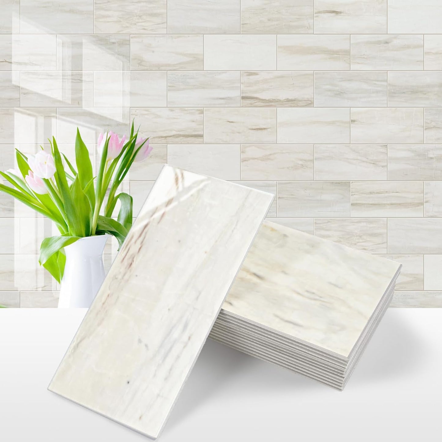 Vamos Tile 100-Piece Glossy Dolomite White Peel and Stick Backsplash Tile,3''x6'' PVC Subway Tile with White Grout, Stick on Backsplash for Kitchen/Bathroom/Fireplace