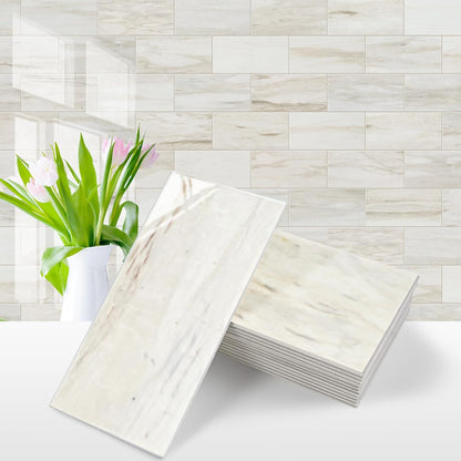 Vamos Tile 100-Piece Glossy Dolomite White Peel and Stick Backsplash Tile,3''x6'' PVC Subway Tile with White Grout, Stick on Backsplash for Kitchen/Bathroom/Fireplace