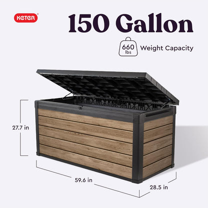 Keter Signature Everwood 30 Gallon Resin Outdoor Storage Box and Patio Furniture Side Table for Pool and Garden Accessories, Walnut