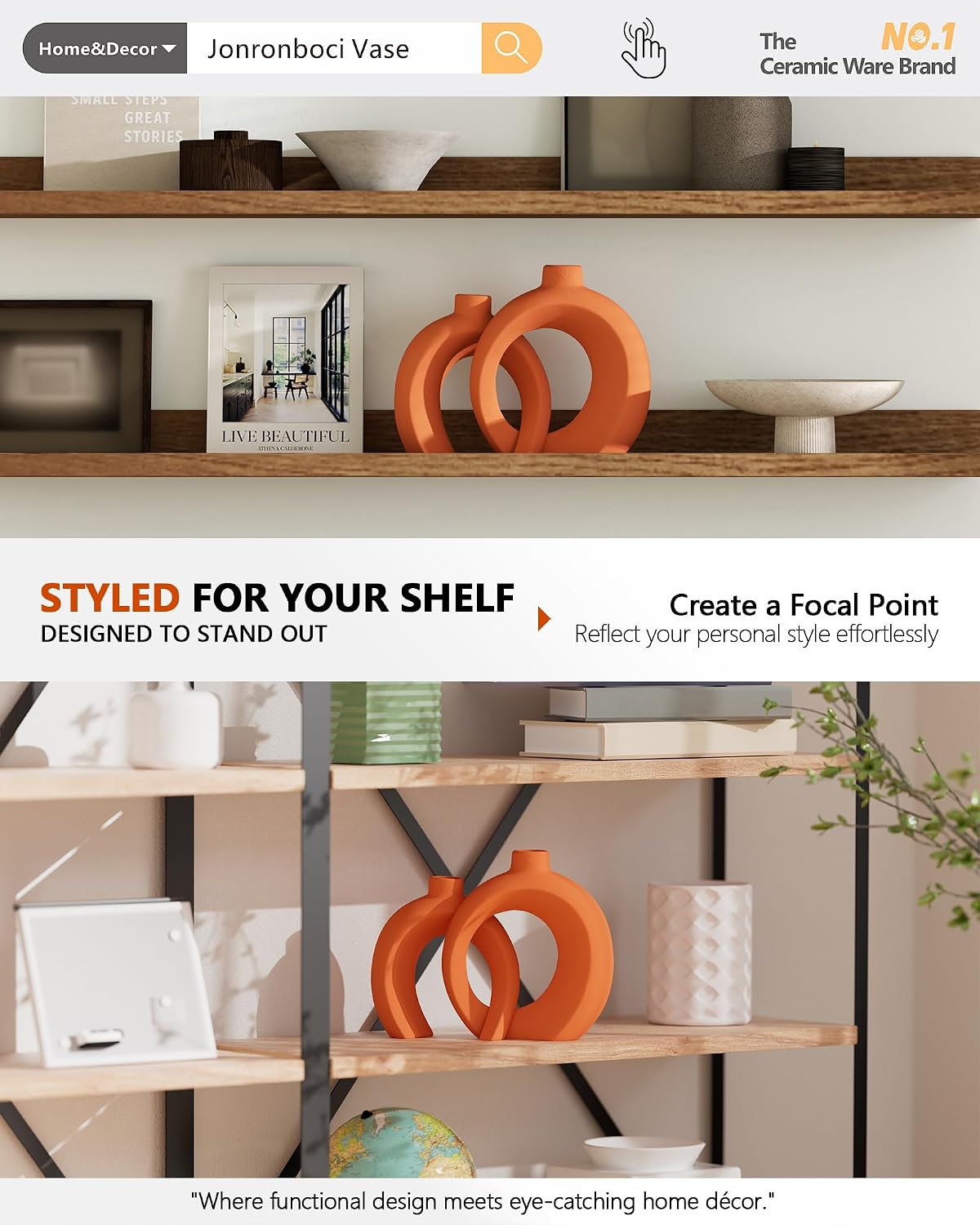 7.2″Hx8.9″H Donut Shape Decorative Vase Set of 2, Ceramic, Modern Minimalism Styles, Flowers or Plant Table Vases for Home Decor Living Room Shelf Entry Console Mantle Dining Centerpiece (Matte White)