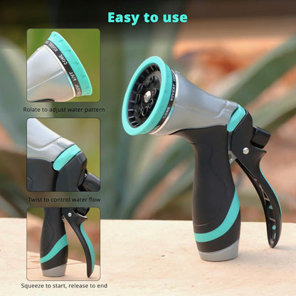 QUOBAS Metal Garden Hose Nozzle, Heavy Duty Water Hose Sprayer, Leak Proof | 10 Pattern Water Nozzle with Rubber Gasket, Garden Sprayer for Watering Plants, Washing Cars, Pet Shower, Blue