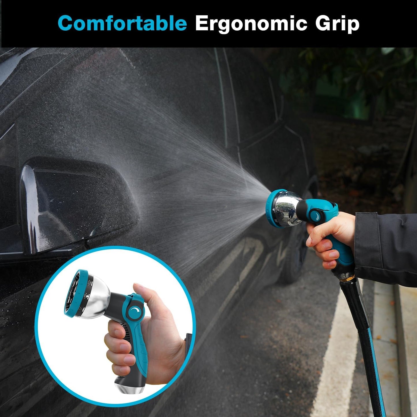 Besiter Garden Hose Nozzle Sprayer: 2 Pack 10 Watering Patterns Spray Nozzles Heavy Duty Metal Hose Head Hose Attachment, Thumb Control On Off Valve