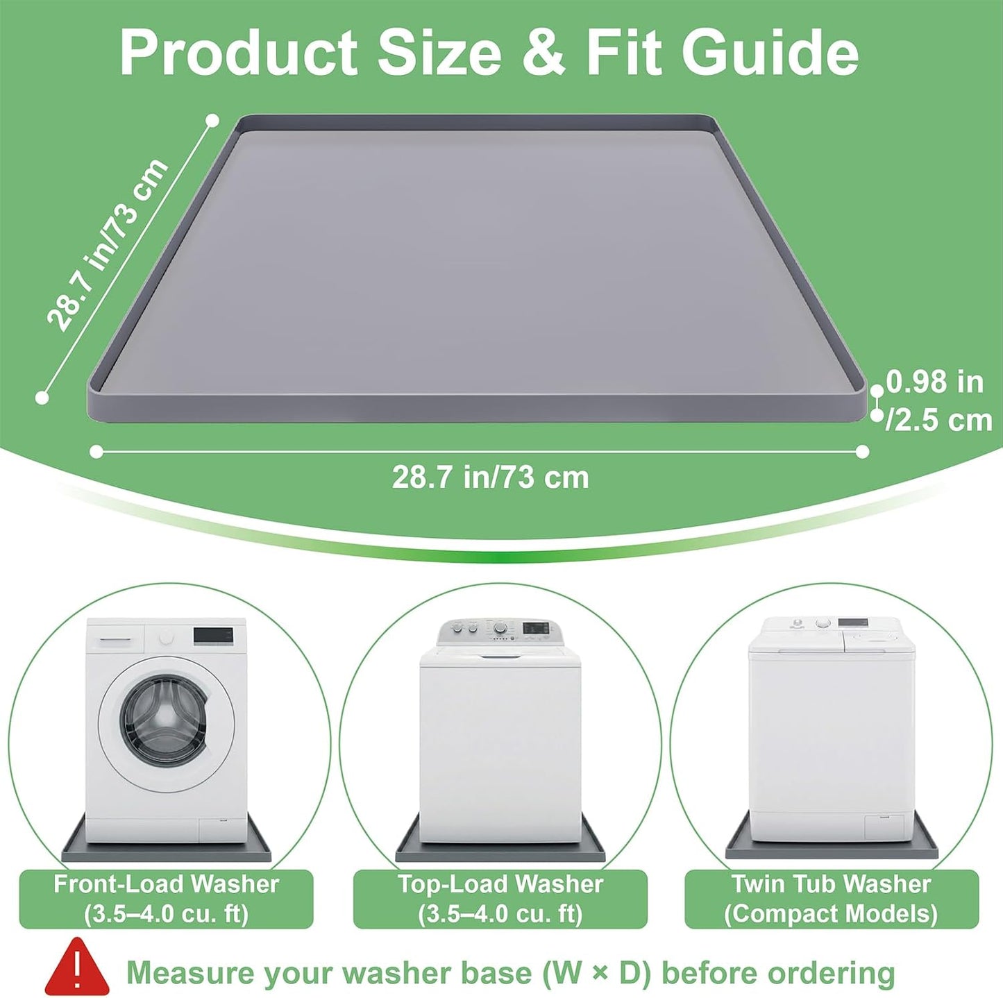 27 x 27 Inch Washing Machine Drain Pan, Silicone Washer Pan, Black | 2cm Raised Waterproof Edge, Washer and Dryer Mat for Floor Protection, Fits Compact Washers Up to 3.5 Cu.Ft.