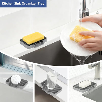 JACZZO Silicone Sponge Holder for Kitchen Sink, (10x4 In) Sink Caddy with Drain Spout, Self Draining Soap Tray & Organizer, Kitchen Accessories,Bathroom Organizer, Easy to Clean (Grey)