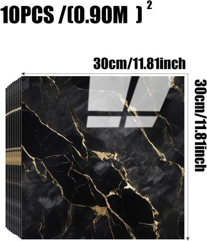 Chejiaye 10pcs Marble Peel and Stick Backsplash Waterproof Washroom Wall Panels, Peel and Stick Tile, PVC Foam Wall Panels for Kitchen,Bathroom,Living Room,Blue and Gold(Not Real Tile,11.8" x 11.8")