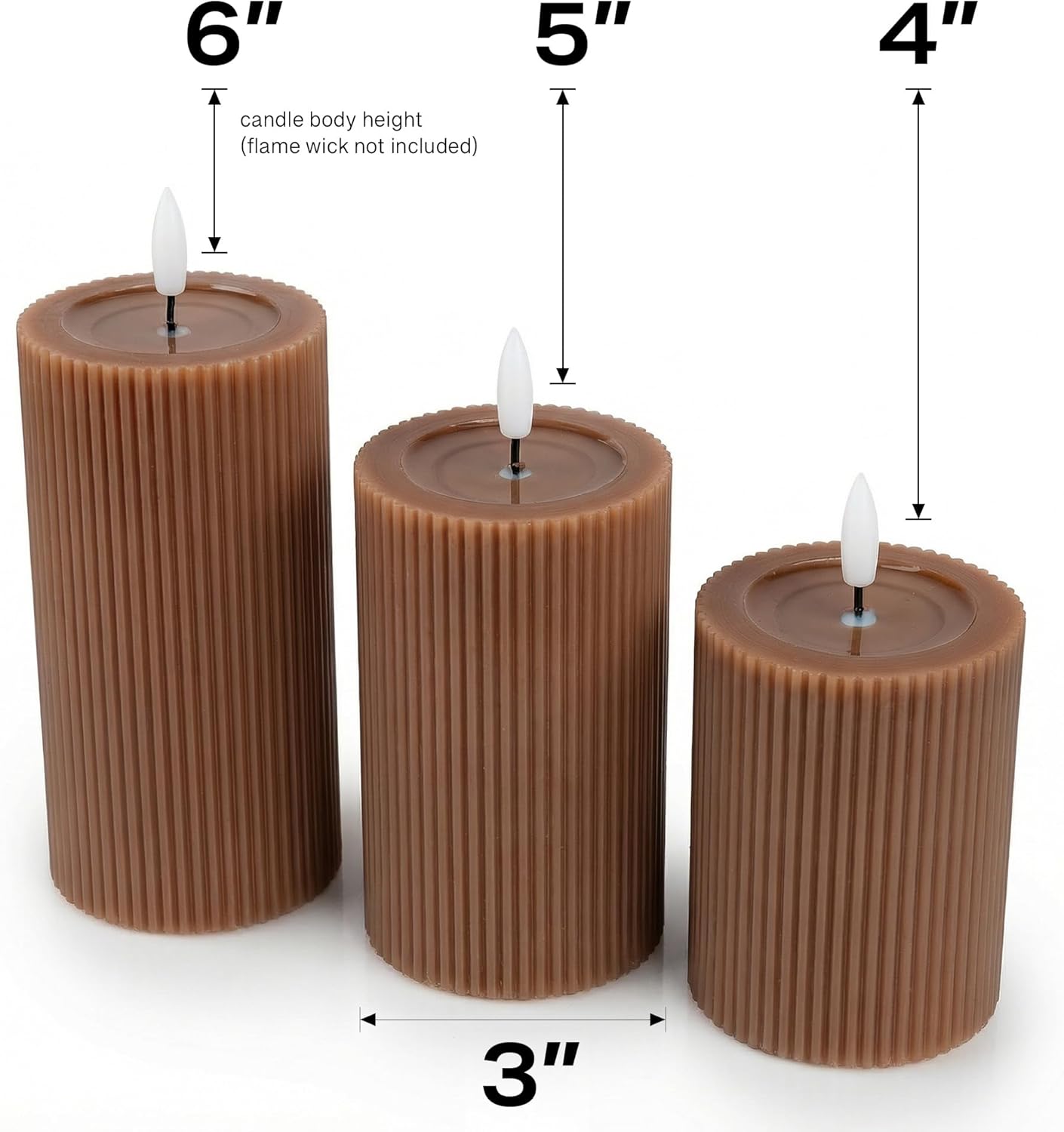 Fluted Ribbed LED Pillar Candles, Cream Beige, with Reflective Melted-Wax Effect – Flickering Flame, Remote, Dimmable, Flameless, Battery Operated, Home & Wedding Decor (Set of 3)
