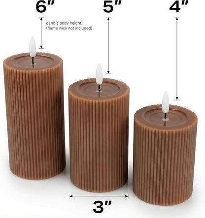 Fluted Ribbed LED Pillar Candles, Cream Beige, with Realistic Reflective Melted-Wax Effect – Flickering Flame, Remote, Dimmable, Flameless, Battery Operated, Home & Wedding Decor (Set of 3)