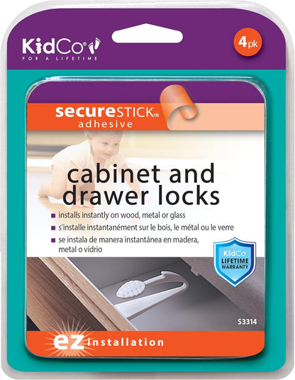 KidCo Adhesive Mount Lock - 4 Pack Drawer Safety Child Proof Cabinet Latches Baby Proofing Drawer Cupboard Locks Child Safety Latch - Easy to Install Baby Proof Cabinet Latches