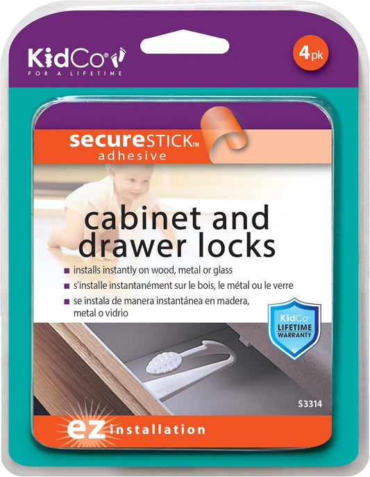 KidCo Adhesive Mount Lock - 4 Pack Drawer Safety Child Proof Cabinet Latches Baby Proofing Drawer Cupboard Locks Child Safety Latch - Easy to Install Baby Proof Cabinet Latches