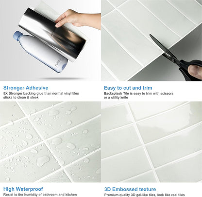 White Peel and Stick Backsplash Tiles for Kitchen, 10-Pack Self-Adhesive Waterproof Vinyl Bathroom Wall Tile(12 * 12 inches)