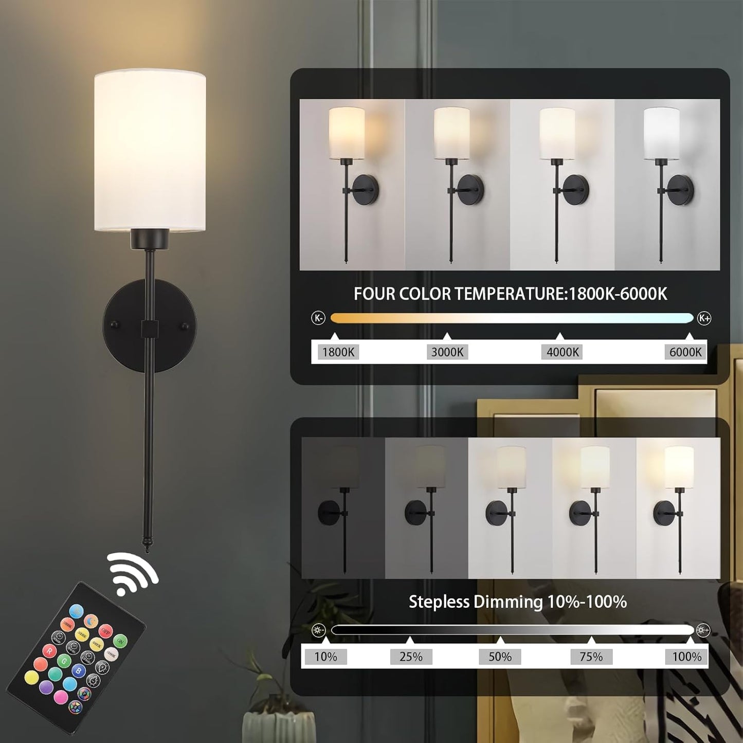 Battery Operated Wall Sconces Set of Two,Wireless Rechargeable Wall Light With Remote Control, Dimmable, Amber Light/Warm White/Natural White/Daylight/RGB, Timer,for Living Room,Bedroom,Entryway,Gold