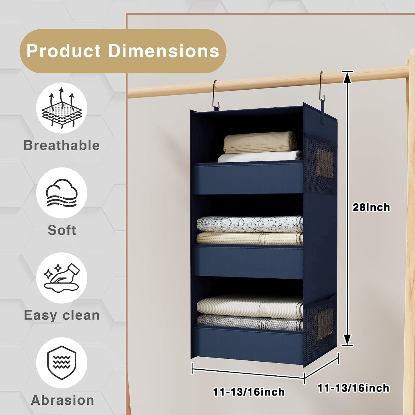 3-Shelf Hanging Closet Organizer, Washable Foldable Storage, Dark Gray | Front lip keeps items secure; side pockets add room; Oxford fabric handles towels, shirts, baby items, dorms, RVs or travel.