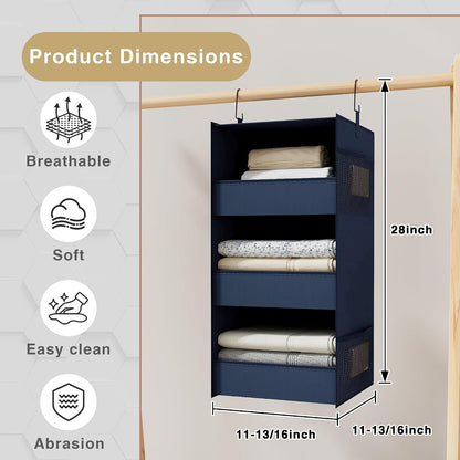 3-Shelf Hanging Closet Organizer, Washable Foldable Storage, Dark Gray | Front lip keeps items secure; side pockets add room; Oxford fabric handles towels, shirts, baby items, dorms, RVs or travel.