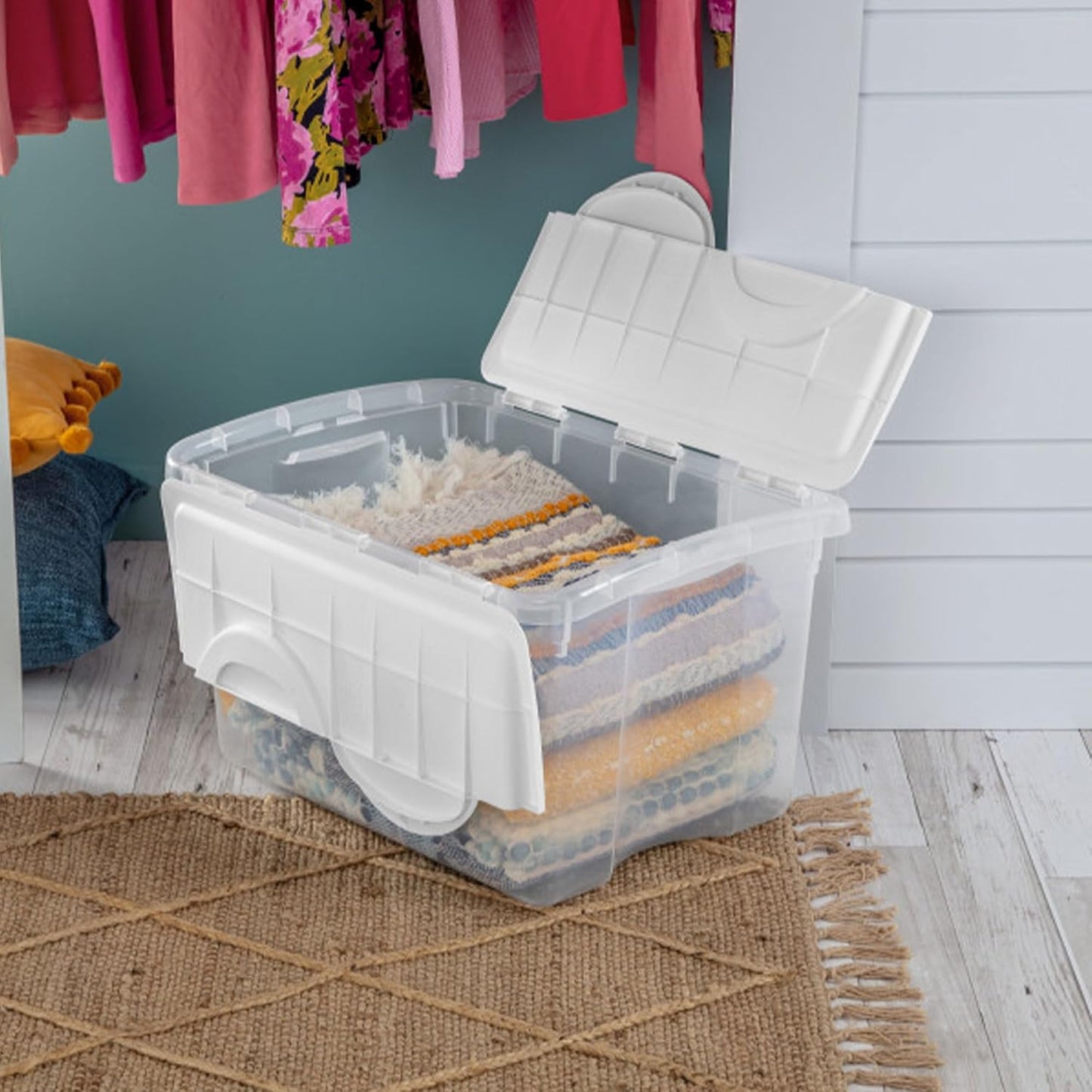Sterilite 6 Pack Storage Box, 41 Quart Stackable Tote, Clear Plastic Container with Secure Snapping White Lids for Home and Office Organization