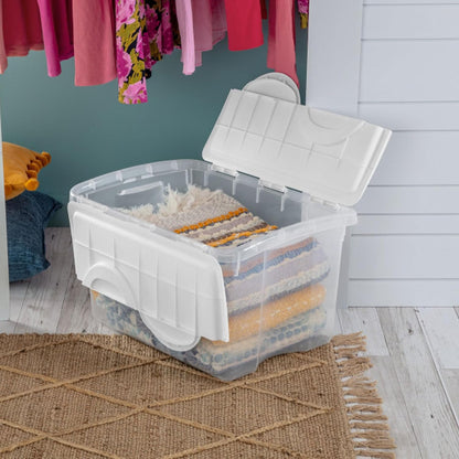 Sterilite 6 Pack Storage Box, 41 Quart Stackable Tote, Clear Plastic Container with Secure Snapping White Lids for Home and Office Organization