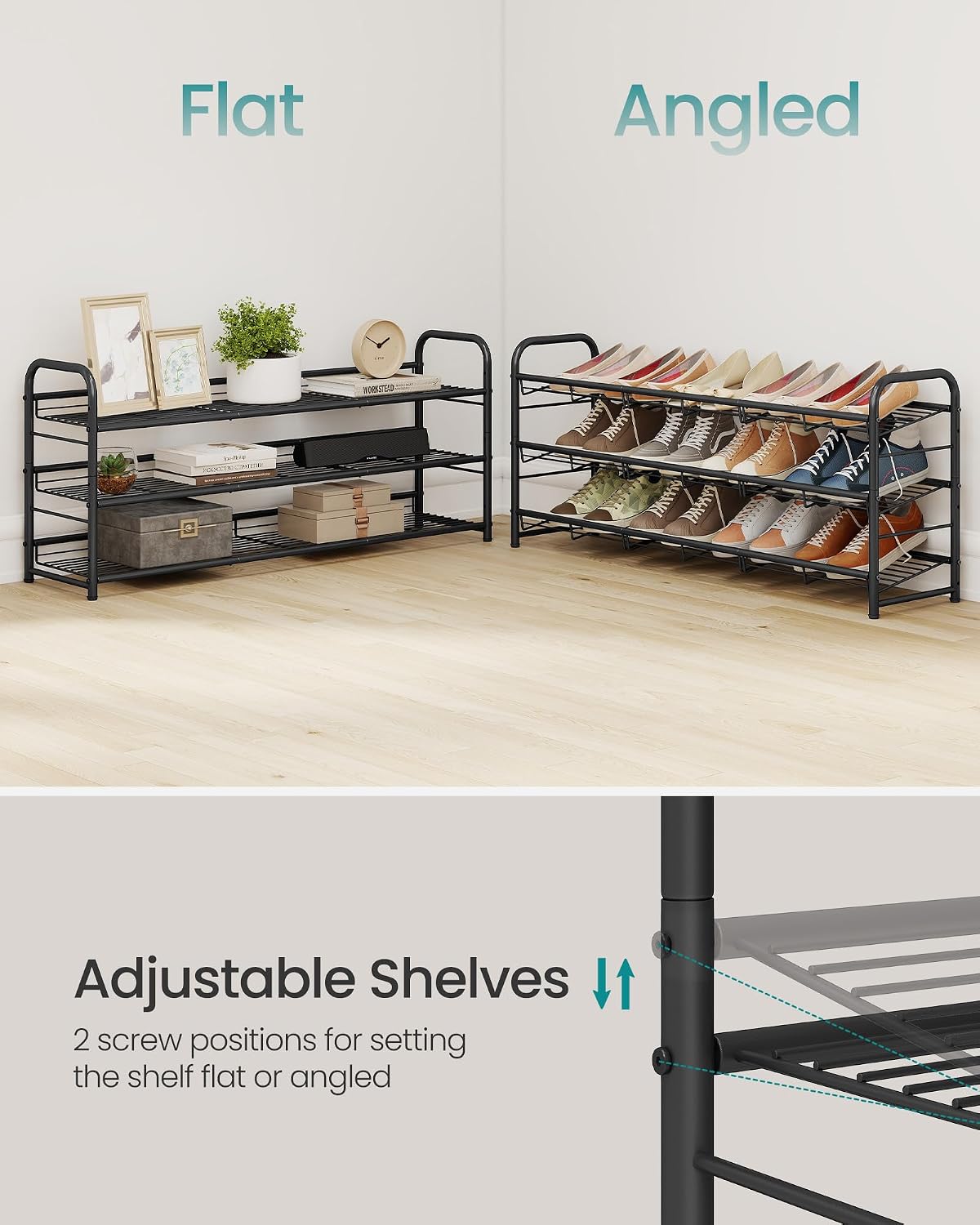 SONGMICS Stackable Shoe Rack, 4 Tier Metal Shoes Rack Storage Shelf, Holds up to 16 Pairs Shoes, Adjustable Slanted Shelves Shoe Tower Organizer for Closet Entryway Small Spaces, Black
