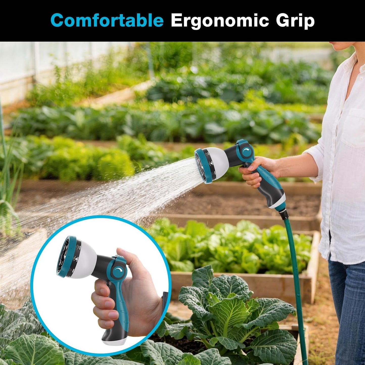 Besiter Garden Hose Nozzle Sprayer: 2 Pack 10 Watering Patterns Spray Nozzles Heavy Duty Metal Hose Head Hose Attachment, Thumb Control On Off Valve