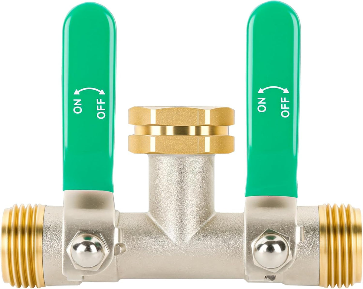 Love Is War 2 Way Garden Hose Splitter, 3/4" GHT Thread Brass Faucet Splitter with Long Easy-Turn Handles, Outdoor Water Connector for Lawn Irrigation