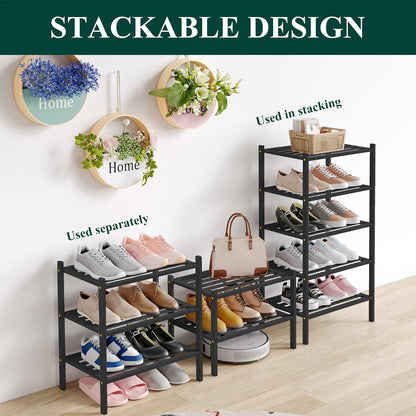 Smiry Bamboo Shoe Rack, 3 Tier Free Standing Wooden Shoe Organizer, Stackable Wood Shoe Storage Shelf for Closet, Entryway, 5 Horizontal Slats, 26.8"x11"x18.3", Natural