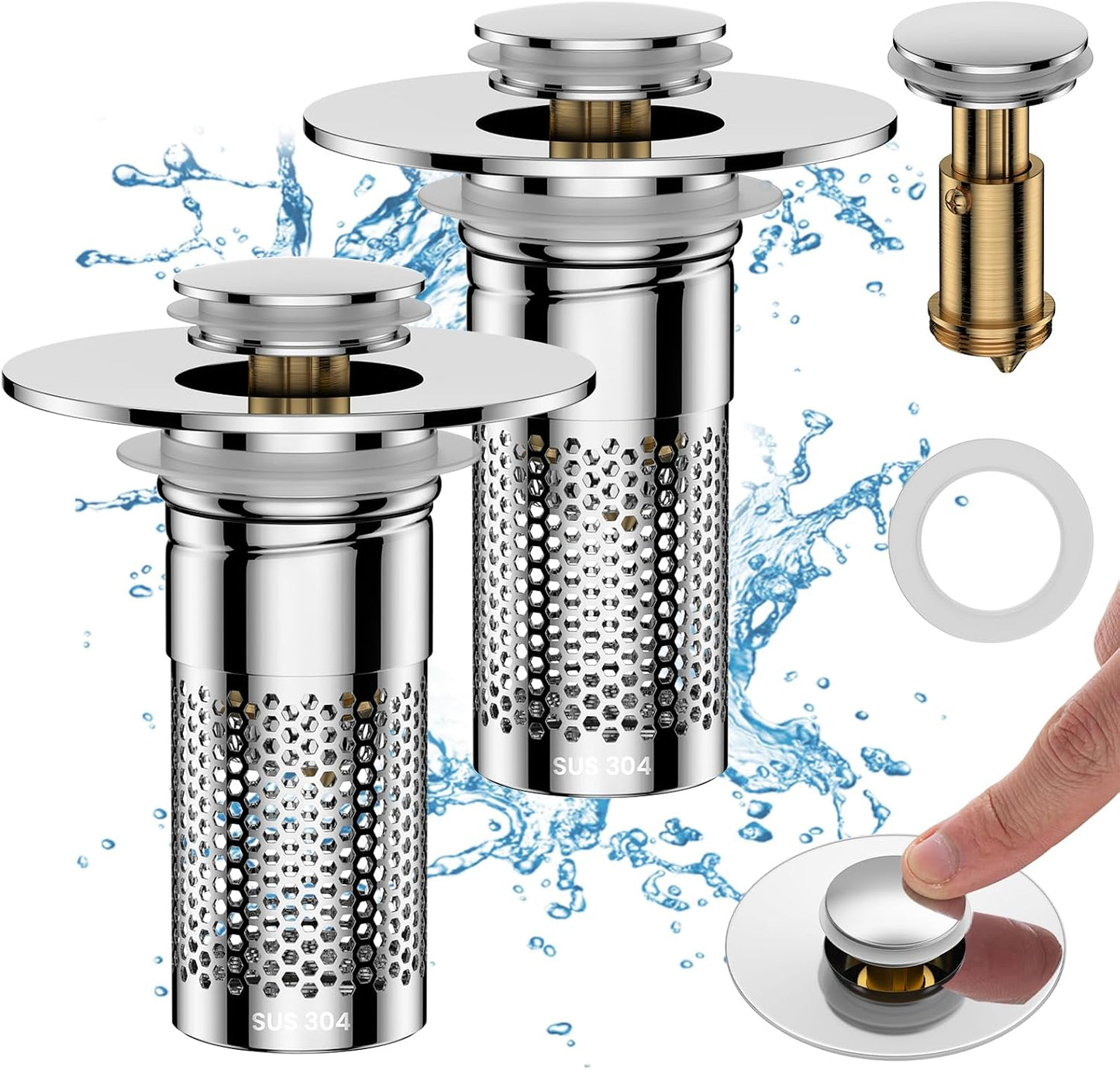 Bathroom Sink Drain Strainer for 1.1"-1.45" Basin Drain Holes(2 Pcs) | Pop Up Sink Drain Filter with Removable Stainless Steel Filter Basket Hair Catcher Plug