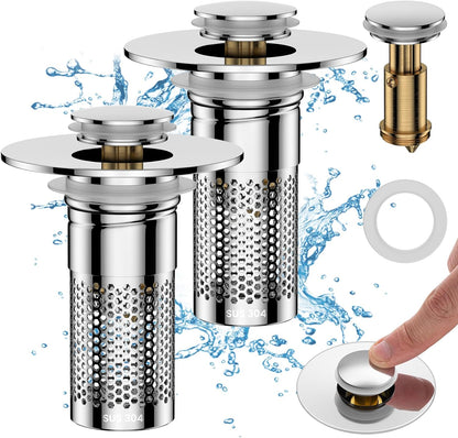 Bathroom Sink Drain Strainer for 1.1"-1.45" Basin Drain Holes(2 Pcs) | Pop Up Sink Drain Filter with Removable Stainless Steel Filter Basket Hair Catcher Plug