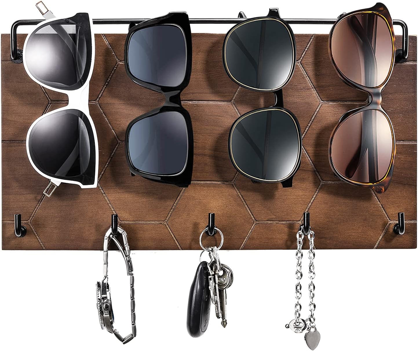 Emibele Sunglass Organizer Wall Key Holder,Decorative Wood Wall Organizer | Glasses & Sunglass Holder Display with 5 Hooks Key Rack Hanging Eyeglass Storage for Entryway Living Room