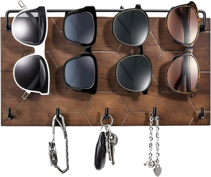 Emibele Sunglass Organizer Wall Key Holder,Decorative Wood Wall Organizer | Glasses & Sunglass Holder Display with 5 Hooks Key Rack Hanging Eyeglass Storage for Entryway Living Room