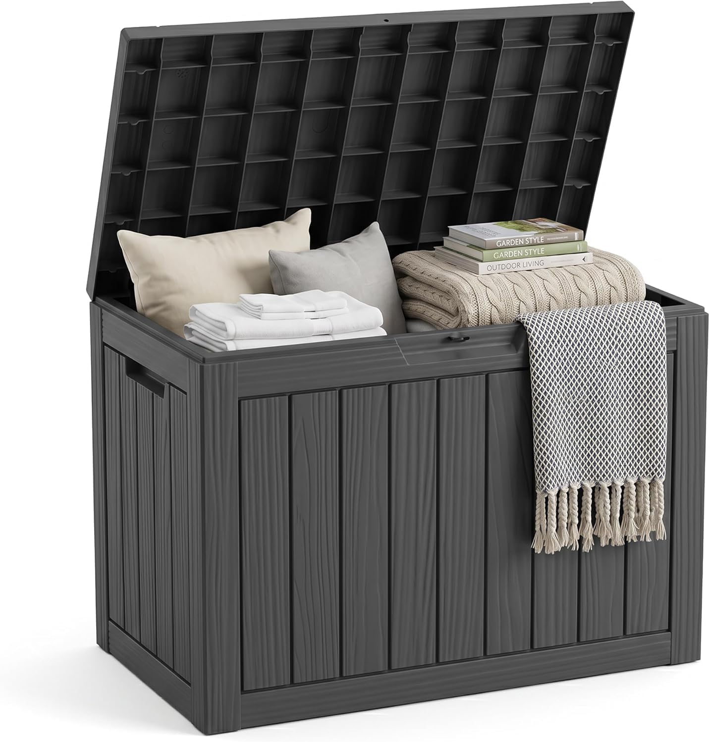 EasyUp 35 Gallon Outdoor Storage Box, Outdoor Deck Boxes for Garden Tools Equipment,Cushions and Patio Storage,Lockable and Resin,Easy to Install(Black)