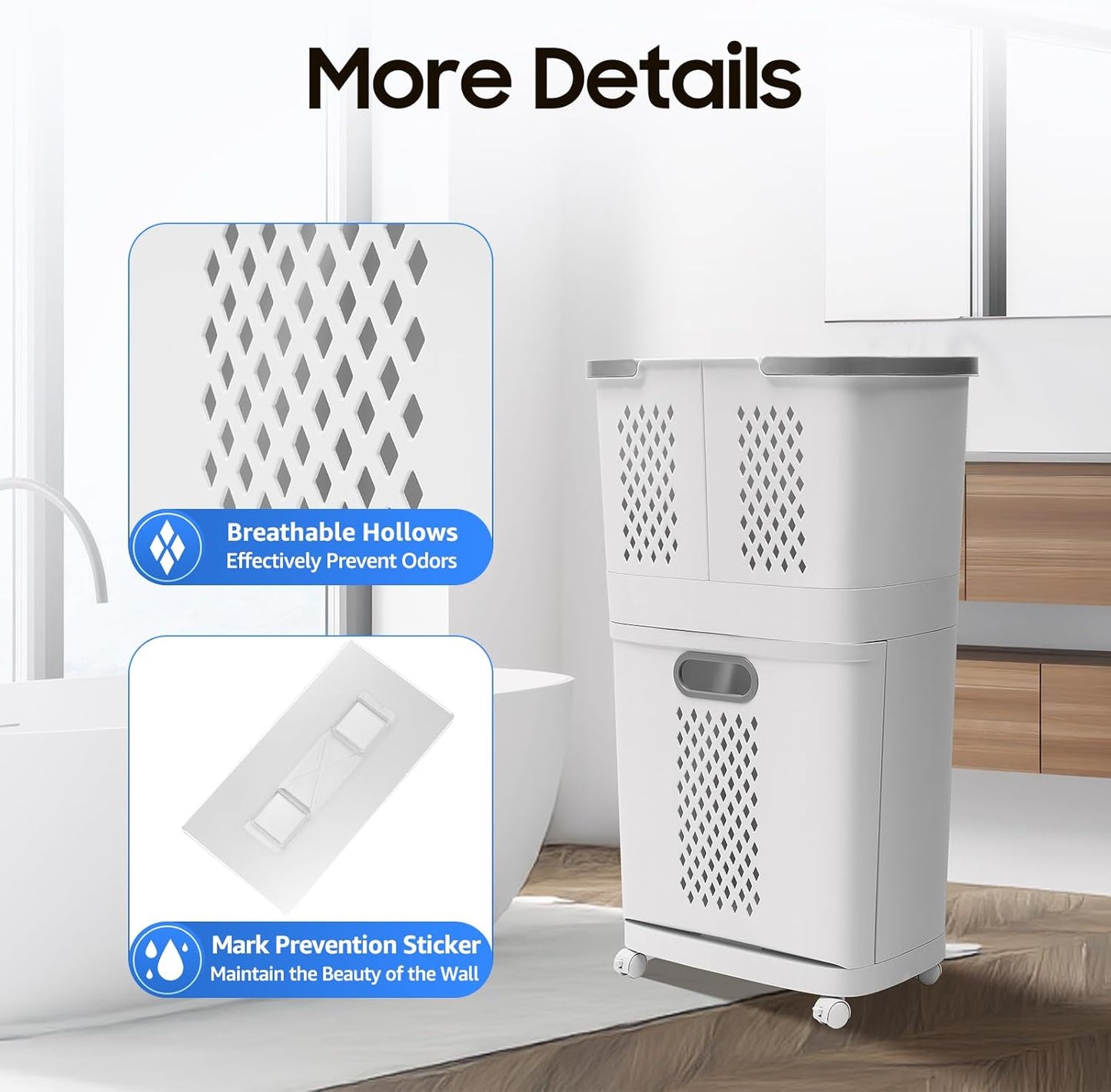 Removable Laundry Basket Organizer,3 Section Laundry Sorter with 4 Wheels,17.3×12.2×29.3in 2-Tier Divided Laundry Hamper with Wheels & Wall-Mountable Baskets,for Bedroom Laundry Room Bathroom