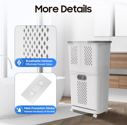 Removable Laundry Basket Organizer,3 Section Laundry Sorter with 4 Wheels,17.3×12.2×29.3in 2-Tier Divided Laundry Hamper with Wheels & Wall-Mountable Baskets,for Bedroom Laundry Room Bathroom