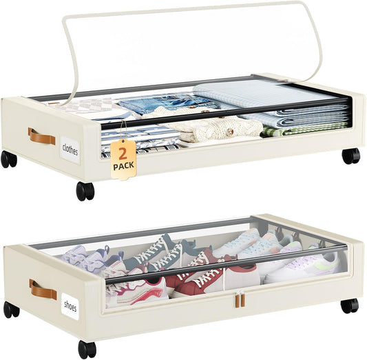 Somdot Under Bed Storage with Wheels, 2 Pack Bed Storage Containers with Dividers & Clear Lids, Easy Pull-out Metal Drawer for Clothes, Shoes,Toys, Blankets (Black)