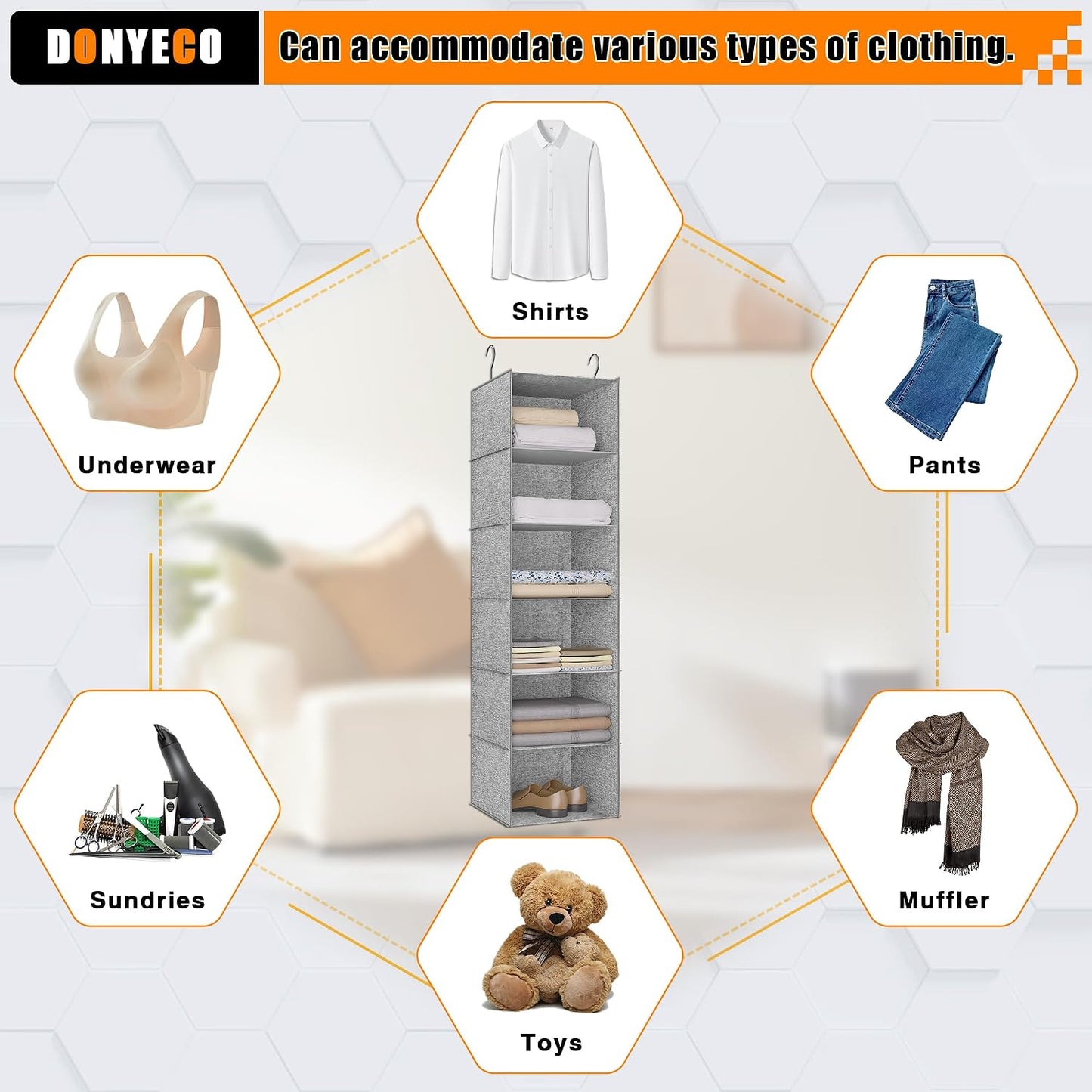 Hanging Closet Organizer 3-Shelf, Oxford Fabric Wardrobe Storage, Gray | Easy-mount foldable design holds clothes, handbags, shoes & accessories; washable Oxford fabric, sturdy and space-saving.