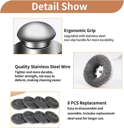 5Pcs Steel Wool Scrubber with Replacement Wire Sponge Pads Set, Stainless Steel Scrubber with Handle for Scouring Stubborn Messes from Cast Iron, Pots, Pans, Grill, Stoves, Sink(1 Scrubber+4 Pads)