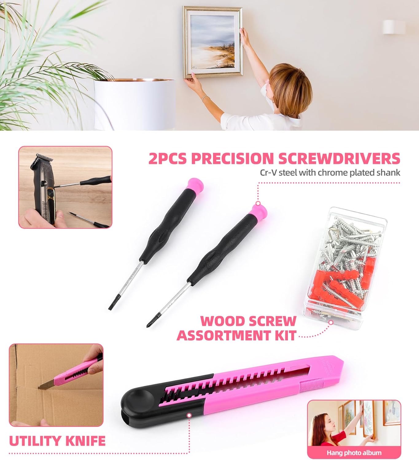 143 Pcs Pink Homeowner Tool Set with 3.6V Cordless Screwdriver General Household Hand Tool Kit with Plastic Tool box Storage Case for Women,Men