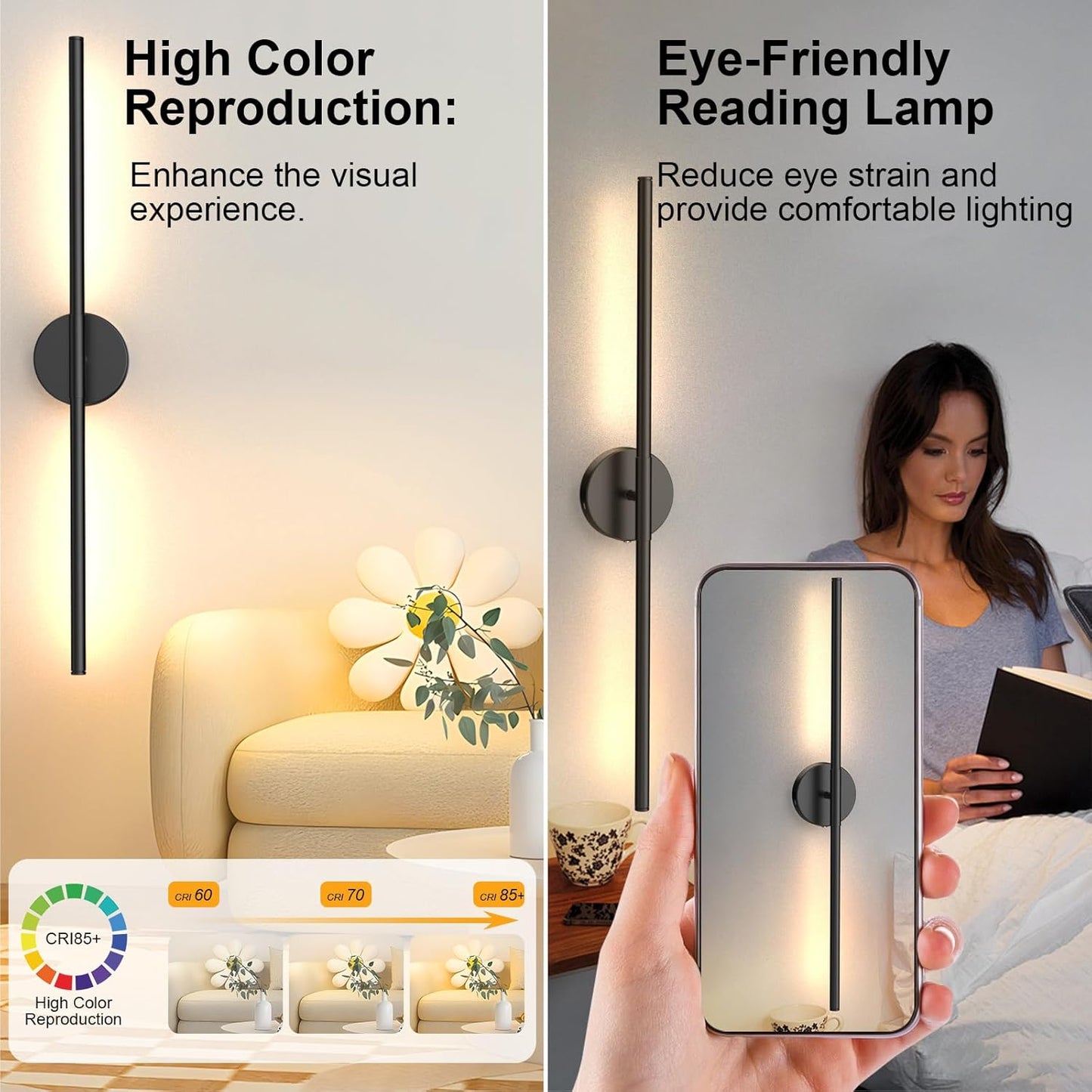 Tartek Battery Operated Wall Sconces Set of Two, Rechargeable Wall Lights with Remote Control, Dimmable 3000K-6000K LED Wall Lamp, 360°Rotate, Long Wireless Sconces for Living Room, Bedroom