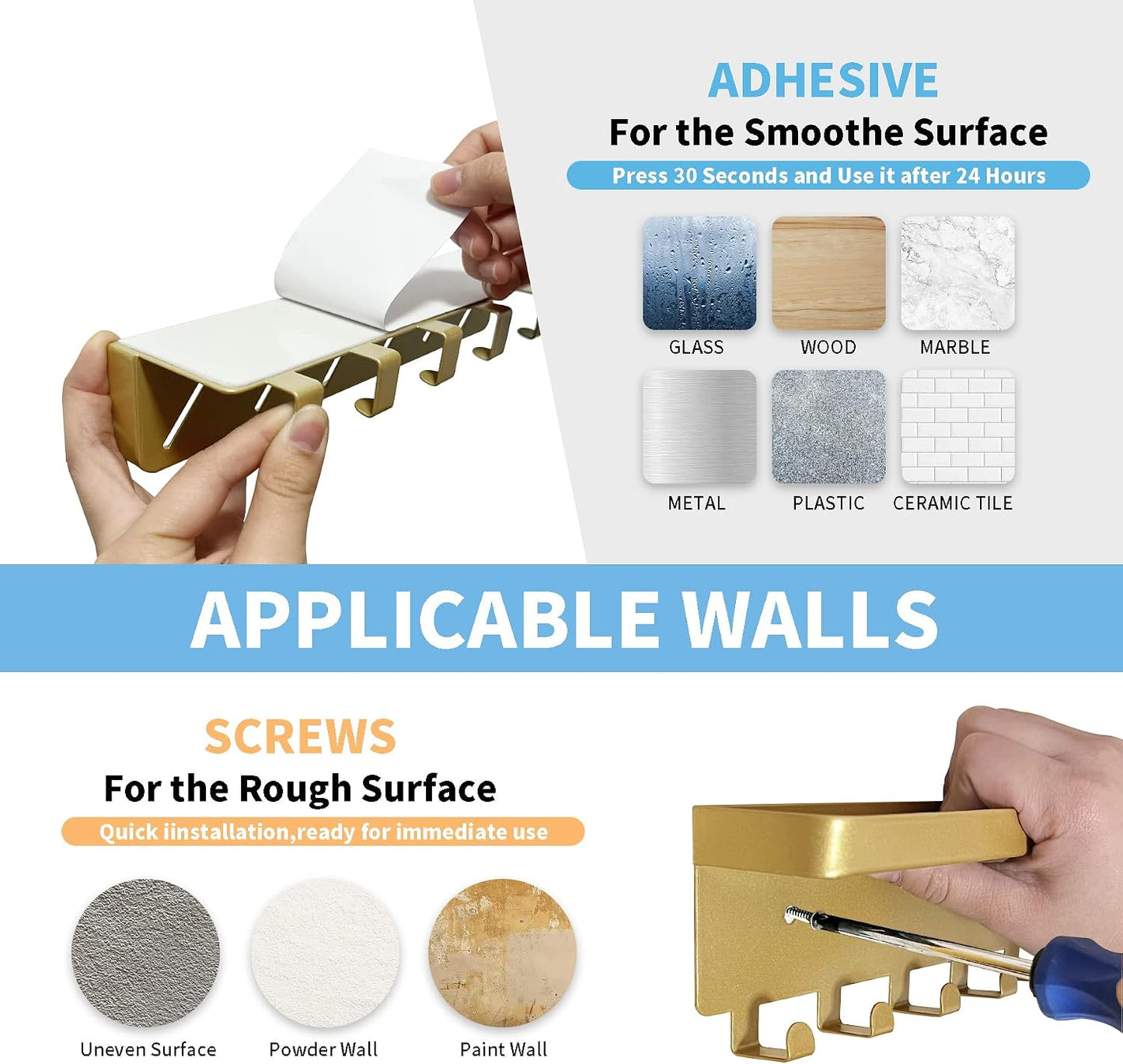 GTK Key Holder for Wall, Key Hooks with 6 Hooks, Wall Mounted Key Holder for Hallway, Self Adhesive Key Rack(White)