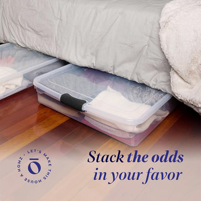 HOMZ 2-Pack Under Bed Storage, Clear Plastic Containers with Lids, 60 Quart, Gray Latch - Stackable Underbed Organizer Bins for Shoes, Bags, Clothes, and Towels