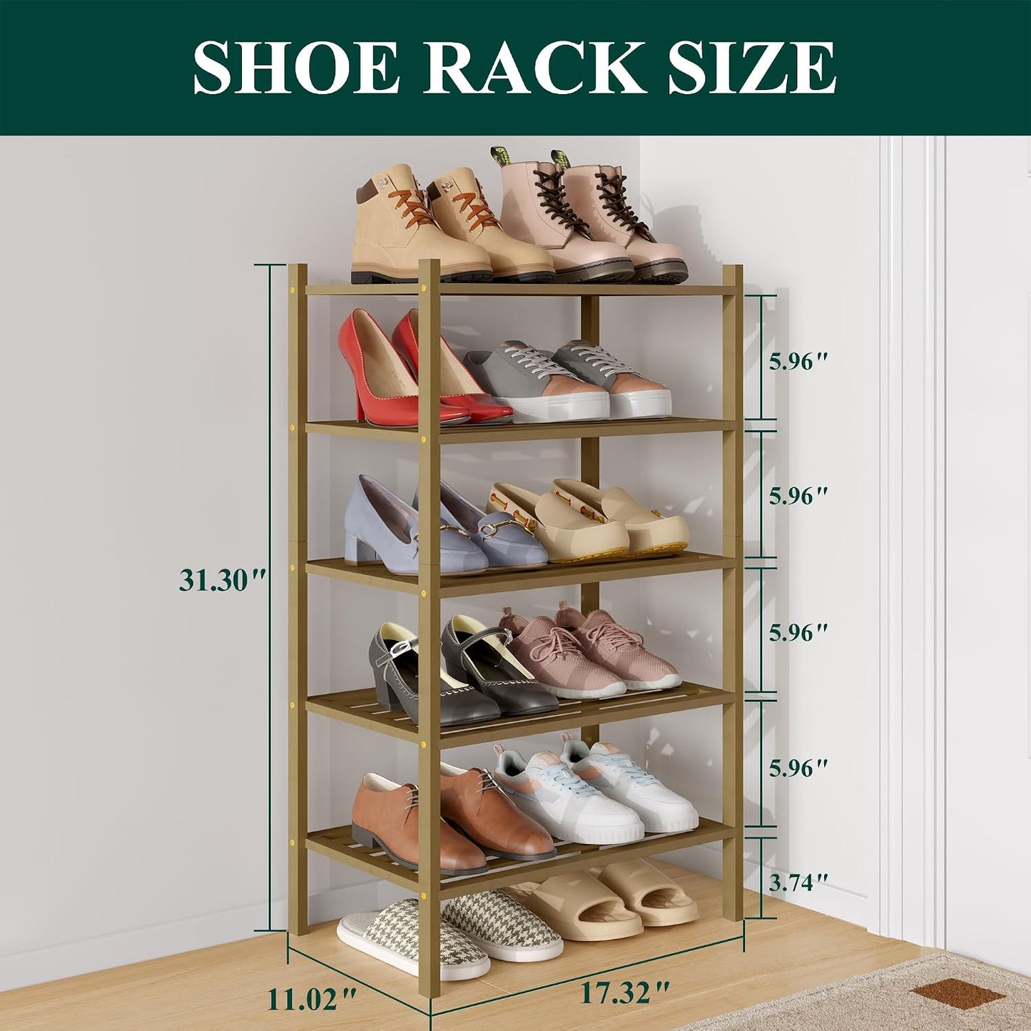 Smiry Bamboo Shoe Rack, 3 Tier Free Standing Wooden Shoe Organizer, Stackable Wood Shoe Storage Shelf for Closet, Entryway, 5 Horizontal Slats, 26.8"x11"x18.3", Natural
