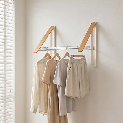 LEQ Clothes Drying Rack Wall Mounted, Foldable Laundry Drying Rack with Wood-Tone Aluminum Frame, Rustproof Retractable Clothes Hanger for Small Laundry Room, Bathroom, Balcony,White