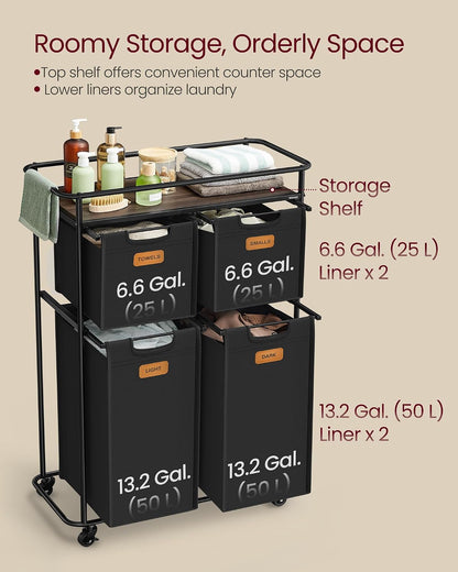 VASAGLE Laundry Sorter, Laundry Hamper with Wheels, 39.6 Gal. (150 L) Portable Rolling Cart Baskets with Shelf, 3 Removable Liners and 6 Labels, Ink Black and Chestnut Brown UBLH103BH01