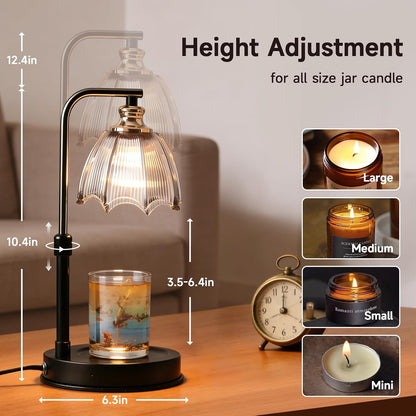 Candle Warmer Lamp with Timer, Dimmer, Vintage Glass Shade | Adjustable height, 2/4/8-hour timer, wood base, 2 bulbs included