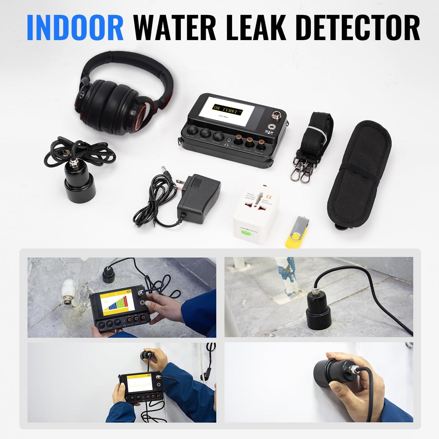 Al Water Leak Detector, Indoor Wall/Ground Under Slab Pipe Leak - TYM-3A | 2 Sensors, 0.5m/1.64ft, 100Hz-8000Hz, 15 Hours