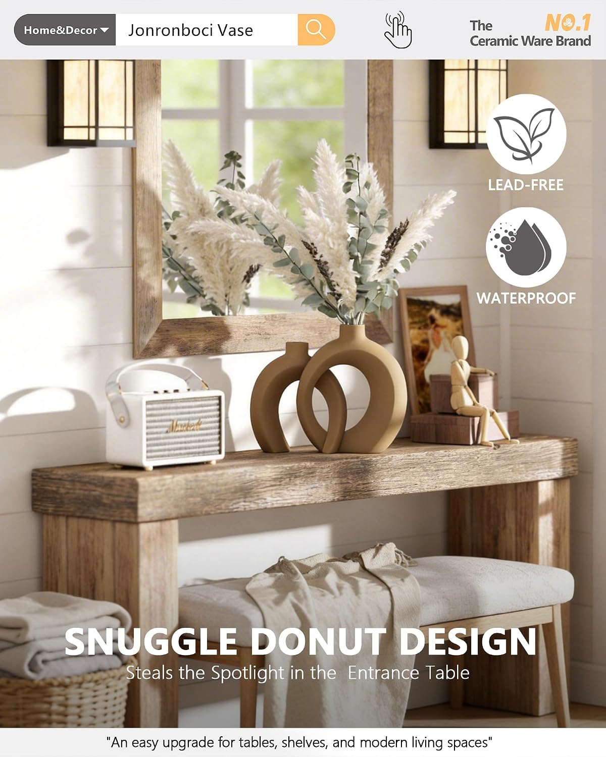 7.2″Hx8.9″H Donut Shape Decorative Vase Set of 2, Ceramic, Modern Minimalism Styles, Flowers or Plant Table Vases for Home Decor Living Room Shelf Entry Console Mantle Dining Centerpiece (Matte White)