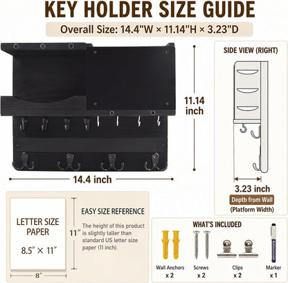 Key Holder for Wall Mount with Shelf and Mail Organizer, Key and Mail Holder with 16 Hooks, Farmhouse Entryway Organizer, Home Decor Rack (Pine Wood, Black)
