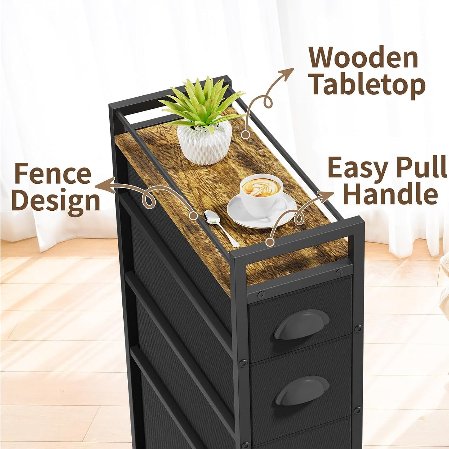 LASZOLA 5 Drawer Narrow Dresser Slim Cabinet Skinny Storage Tower Chest, Ideal for Small Spaces Bathroom, Between Washer and Dryer, Lightweight Mobile on Wheels, Sturdy Fabric Drawers, Black