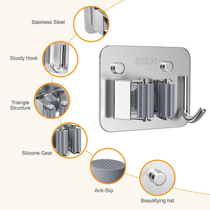 4 Pack Stainless Steel Mop and Broom Gripper with Hook, Screw Drilling or Self Adhesive Mop and Broom Holder Wall Mount, Storage Rack for Closet Laundry Garage Garden Tool Organizer, Silver
