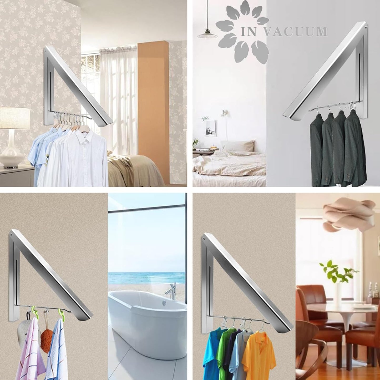 IN VACUUM Clothes Drying Rack, Laundry Racks for Drying Clothes, Wall Mounted Retractable Clothes Hanger for Laundry Room, Garage, Indoor & Outdoor Use, Aluminum (1 Racks, Black)