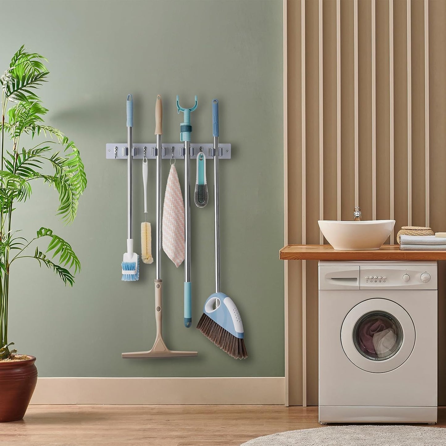 OUTNILI Mop and Broom Holder Wall Mount - Wood Broom Mop Hanger - Wall Mounted Garden Tool Rack Organizer for Closet Garage Laundry Room for Rustic Kitchen Decor With 5 Slots & 4 Hooks